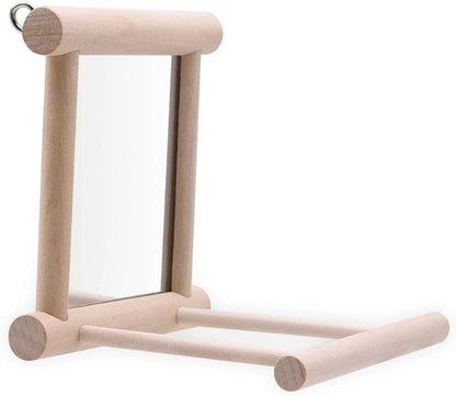 Bird Mirror Wooden Hanging Swing Interactive Play Toys for Small Parrot Budgies Macaw African Grey Parakeet Cockatiel Conure Lovebird Cage Accessories (Bird Mirror Perch Stand-ONE)