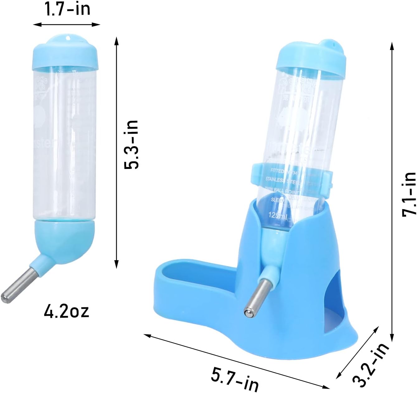 Wontee 3 in 1 Hamster Water Bottle Small Pet Automatic Water Dispenser with Food Container Base Hideout for Dwarf Hamster Mice Gerbils, 2 Pack (Blue, 125ML)