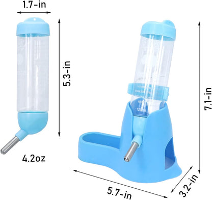 Wontee 3 in 1 Hamster Water Bottle Small Pet Automatic Water Dispenser with Food Container Base Hideout for Dwarf Hamster Mice Gerbils, 2 Pack (Blue, 125ML)