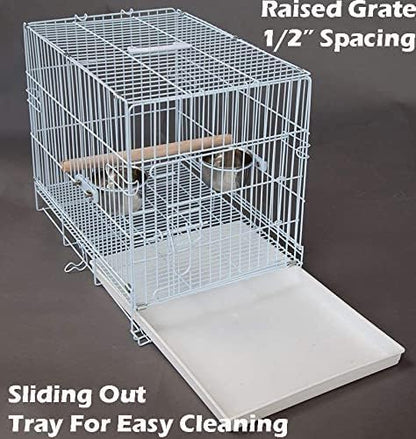 Durable Easy Portable Metal Travel or Veterinary Collapsable Parrot Bird Carrier Beaks Proof Cage with Stainless Steel Feeder Bowls Natural Wooden Perch Stand