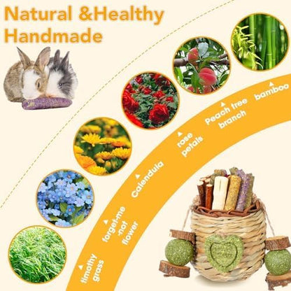 Rabbit Chew Toys,Natural Hanging Basket with Sweet Bamboo,Timothy Hay,Peach Sticks for Bunny Chinchillas Guinea Pigs Hamsters Rats Teeth Grinding
