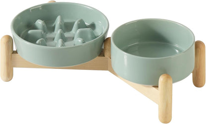 Ceramic 0.9 Cup Raised Slow Feeder Dog Bowl Set, Elevated 5.1inch Bowl and 6.1inch Slow Pet Food Dish with Wooden Stand for Small Dog and Cat (2 x Light Green+ Stand)