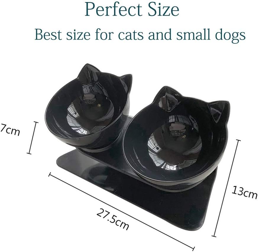 Luck Dawn Double Elevated Cat Bowls with Raised Stand, 15 Tilted cat Bowl Design Neck Guard Stand Raised Pet Food Water Feeder Bowl for Cats or Small Dogs