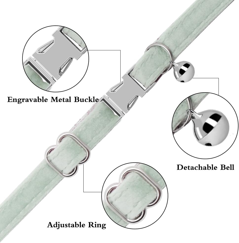 Personalized Cat Collar with Name Plate,Adjustable Tough Nylon Cat ID Collars with Bell,Customize Engraved Pet Name and Phone Number (Velvet Style E)