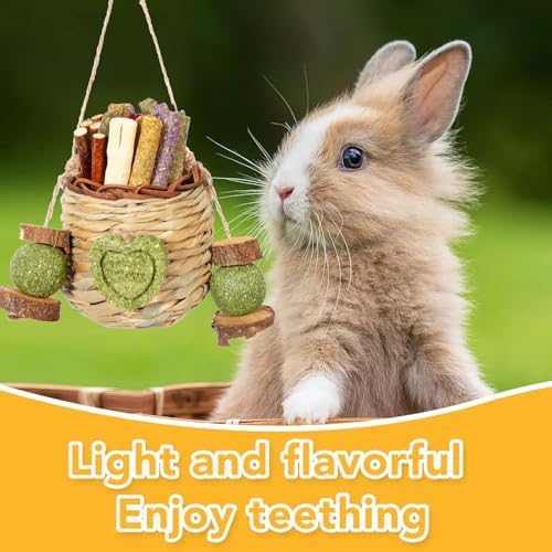 Rabbit Chew Toys,Natural Hanging Basket with Sweet Bamboo,Timothy Hay,Peach Sticks for Bunny Chinchillas Guinea Pigs Hamsters Rats Teeth Grinding