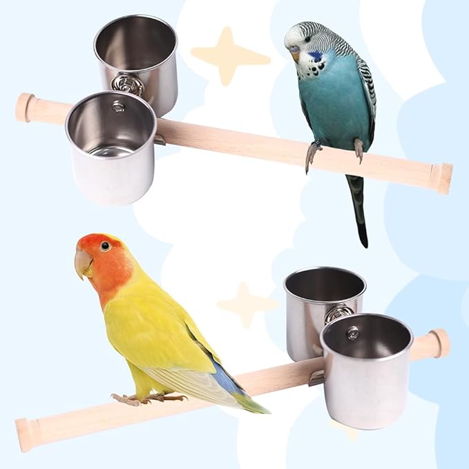 Bird Feeder Cups with Clamp Mount on Standing Perch, 2 Stainless Steel Cups for Food and Water, Compatible for halinfer's All Bird Carrier and Backpack Wooden and Rope Perch