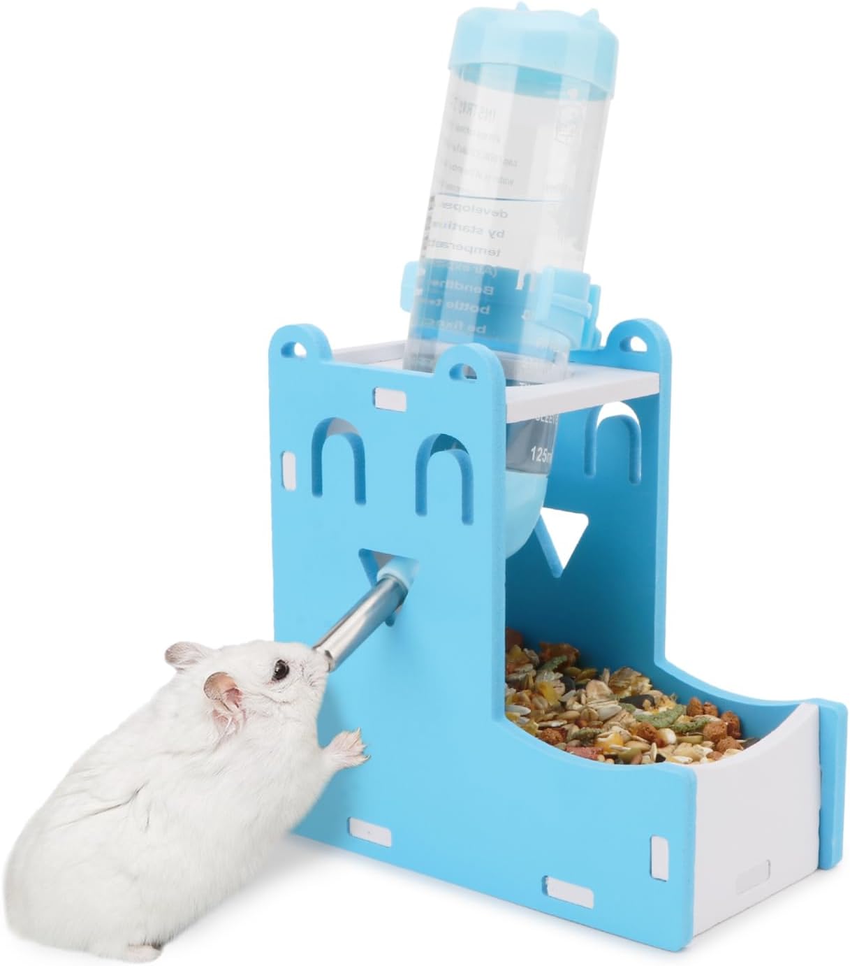 2 in 1 Hamster Hanging Water Bottle Pet Auto Dispenser with Base for Hamster Mice Gerbil Hedgehog (Smile Blue)