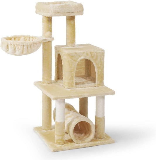 CAPHAUS Cat Tower for Indoor Cats, Modern Cute 40-Inch Small Cat Tree with Widened Perch for Large Cats Kittens, Multi-Level Cat Activity Tree with Scratching Posts, Tunnel, Basket, Cat Cave Condo