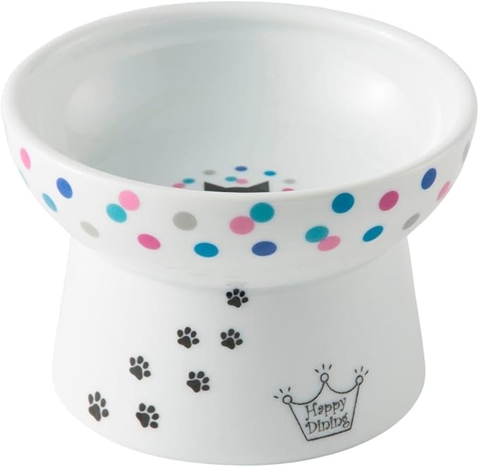 Necoichi Raised Cat Food Bowl – Ceramic Elevated Cat Bowl for Whisker & Neck Fatigue, Dishwasher Microwave Safe – Non-Slip & Anti Vomiting Ergonomic Design (Colorful Dots, Regular)