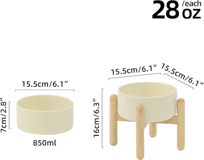 Ceramic 6.1inch Raised Dog Bowl with Stand for Small and Medium Dog Dish Pet Food and Water Bowl (Single Bowl with Stand - Beige)