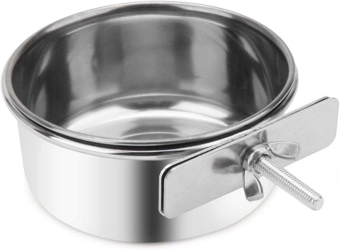 Pet Food Water Bowl with Clamp Holder Stainless Steel Coop Cup Hanging Feeder for Dog Bird Parrot Cat Rabbit (S)