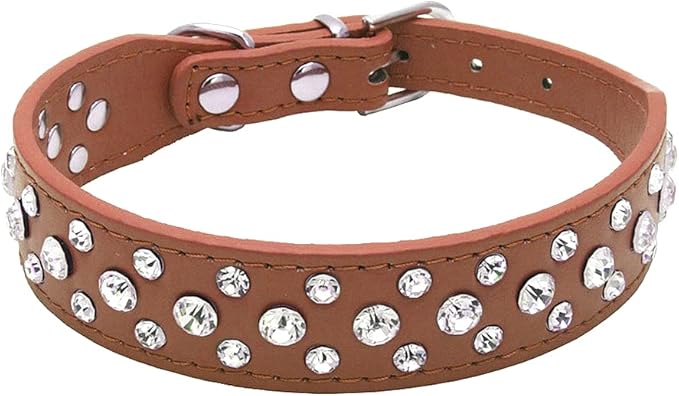 Rhinestone Dog Collar, Bling Rhinestone PU Leather Crystal Diamond Pet Dog Cat Puppy Collar Black S M L XL (M:26-32CM, Brown)