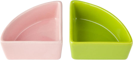 2 Pack Ceramic Feeding Bowls for Small Pets, Anti-Tip, Anti-Slip, Space-Saving Fan-Shaped Design, Ideal for Hamster, Guinea Pig, Gerbil, Sugar Glider, Mice, Chinchilla, Hedgehog (Pink + Green)