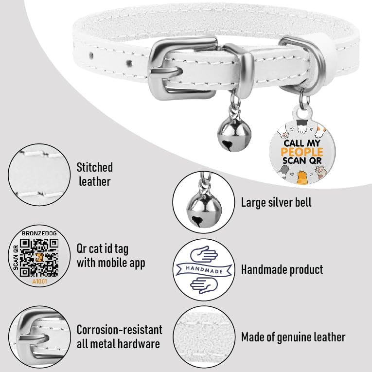 BRONZEDOG Leather Cat Collar with Removable Bells Non Breakaway Kitten QR Tag for Girl Boy (9" - 12" Cats/Mini Dogs, White & Silver)