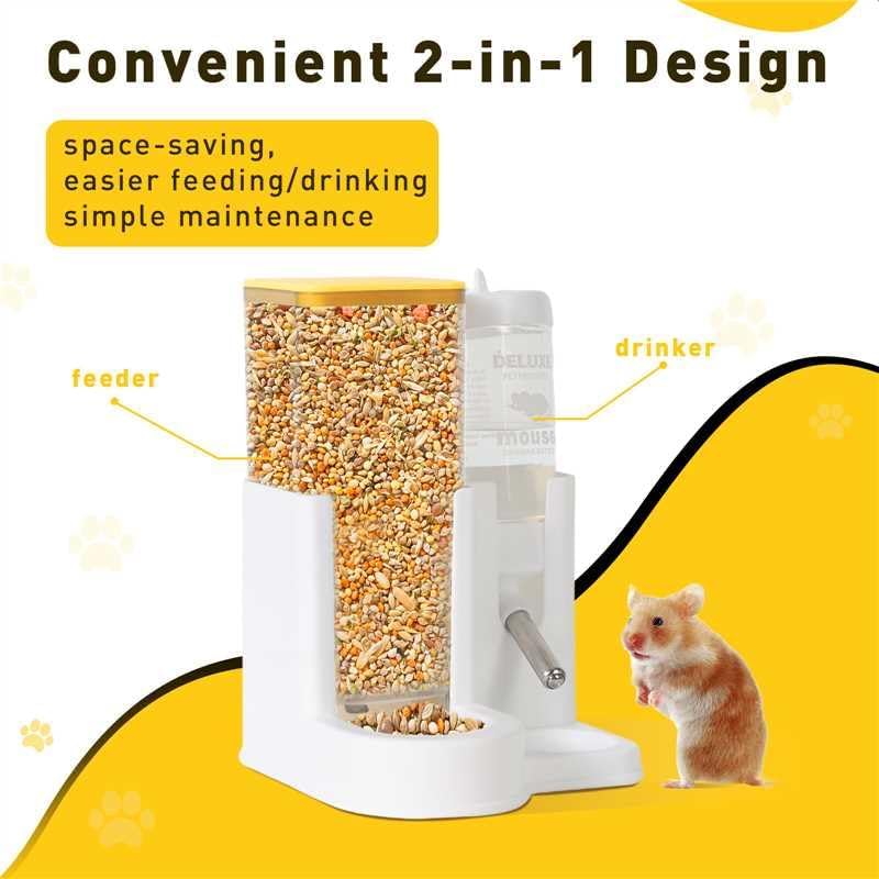 Hamster Water Bottle Standing Guinea Pig Water Dispenser with No Drip 2 in 1 Small Animal Automatic Food Bowl for Cage Accessories for Chinchilla Ferret (Gray, 5.91 in X 4.13 in X 4.33 in)