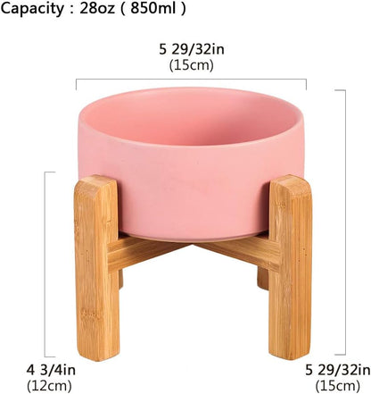 Pink Ceramic Elevated Raised Cat Bowl with Wood Stand No Spill Pet Food Water Feeder Cats Small Dogs