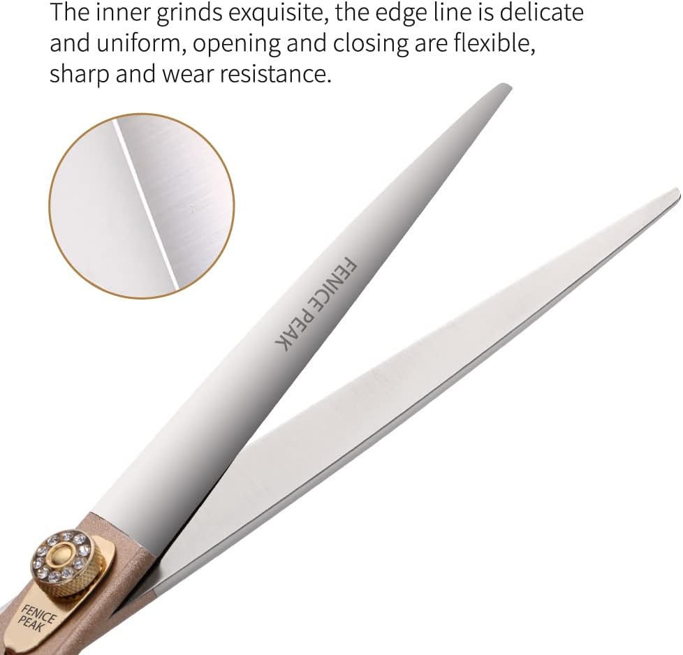 Fenice Peak 8‘’ Professional Dog Grooming Scissors Set Rose Gold 440C Stainless Steel Straight Thinning Curved Chunker Shears 4pcs Set for Pet Grooming Services Dogs and Cats