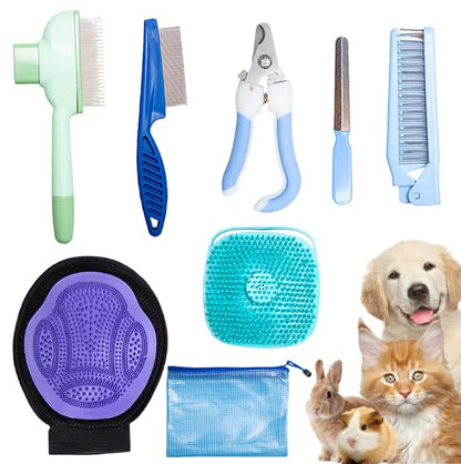Grooming Brush Kit 8PCS，Dematting Comb for Shedding and Tangles，Cat Bath Supplies，Dogs Brushes for Grooming,Cat Brushs，Puppy Brush and Flea Comb