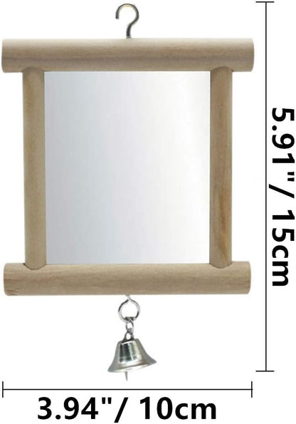 Bird Mirror Wooden Hanging Swing Interactive Play Toys for Small Parrot Budgies Macaw African Grey Parakeet Cockatiel Conure Lovebird Cage Accessories (Bird Mirror with Bell-2 PCS)