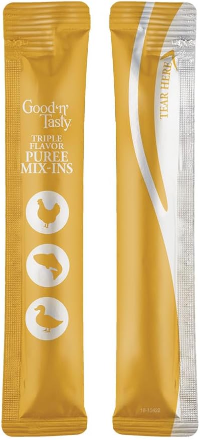 Good 'n' Tasty Triple Flavor Puree Mix-Ins Dog Food Topper Treats for All Dogs, 7 Count, Easy Single-Serve Portions, Added Protein with Chicken, Salmon and Duck