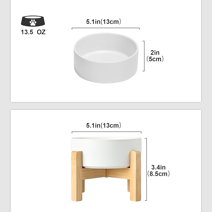 SPUNKYJUNKY Ceramic Elevated Dog Bowls 2 Pack - 5.1inch Raised Dog Bowls with Non-Slip Wooden Stand for Small Dogs Dishwasher Safe(White,13.5OZ*2)