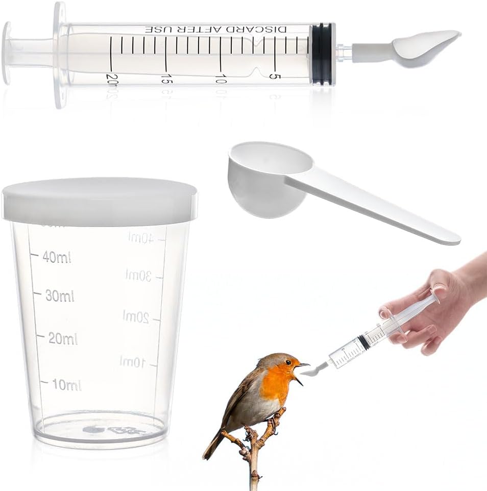 Baby Bird Feeding Syringe Set ，Parrot Small Pet Manual Feeder Measuring Tools， Milk Water,Liquid Food,Reusable (20ml Syringe+50ml Measuring Cup+1 Spoon)
