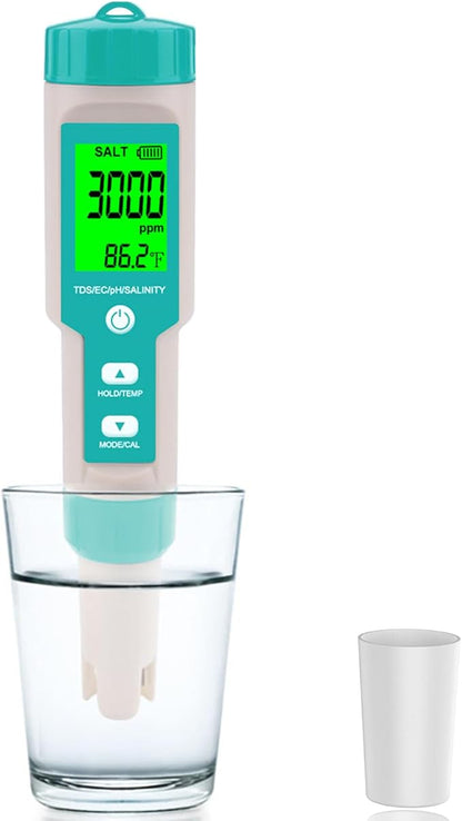 Aquarium Salt Tester -Pool Salt Tester, Versatile 5 in1 Salinity, PH, TDS, EC, and Temperature Meter, Digital Salinity Tester for Saltwater Aquarium, Accurate Salinity Meter,Green