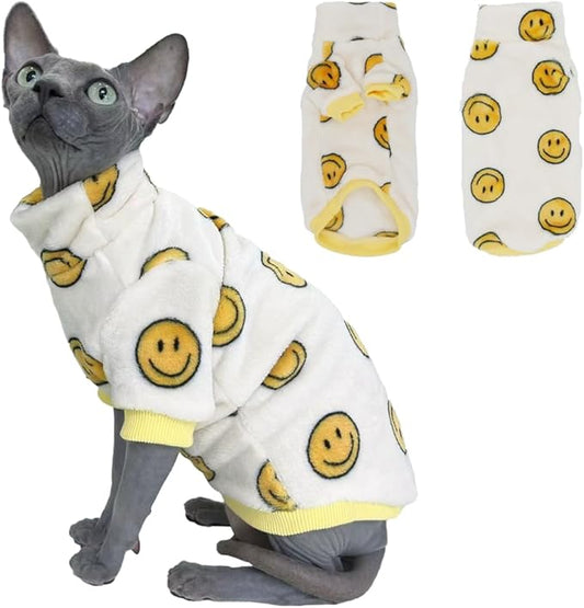 Thick Fleece Sphynx Cat Clothes, 2-Leg Winter Outfit with Smiley Face Print, Warm Flannel Shirt for Hairless Cats, Cat Cozy Cold Weather Clothing (XXX-Large (12-15lbs))