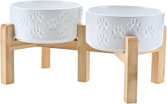 SPUNKYJUNKY Elevated Dog Bowls Ceramic, 6.1'' Dogs and Cat Food Water Bowls Raised with Non-Slip Bamboo Stand for Medium Sized Breed Microwave Dishwasher Safe - 28.7 OZ,Paw White
