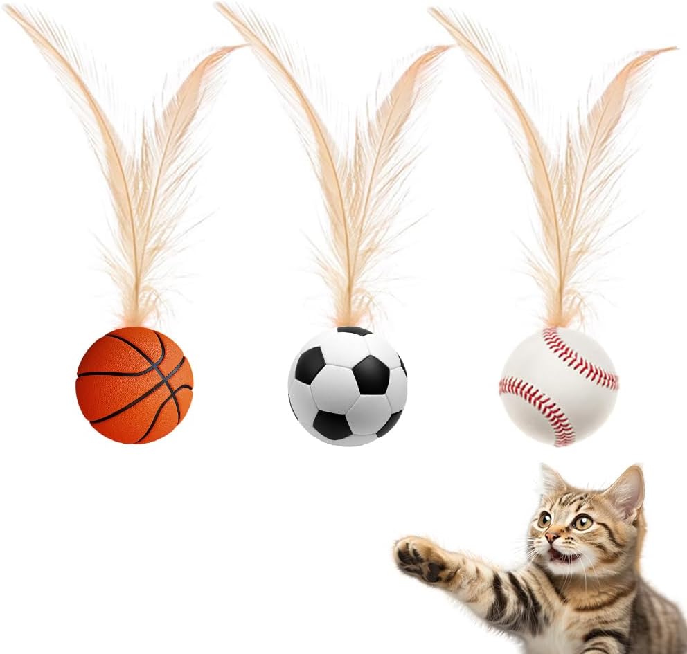 PAZ'S GIFT Interactive Cat Toys Set, 3 Piece Bouncing Badminton Ball with Feathers, Cat Chasing Exercise to Calm Down The kitten's Mood， Indoor Kitten Play