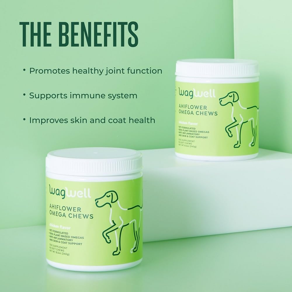 WagWell Ahiflower Omega Oil Dog Chews - Vet-Formulated Skin, Coat, Hip and Joint - Plant-Based Omega 3, 6 and 9 Supplement - Natural Chicken-Flavored Dog Omega Oil Bites, 60 Soft Chews
