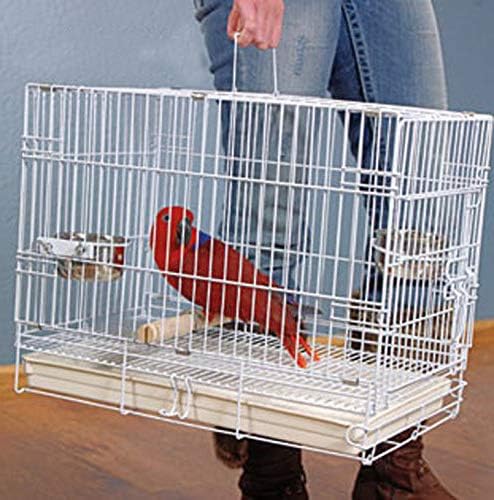 White Durable Metal Easy Foldable Travel Vet Carrier Perch Stand Metal Cage Prevent Your Parrot Bird Prevent Beaks Out Stainless Feeder Cups Natural Wooden Perch Stand