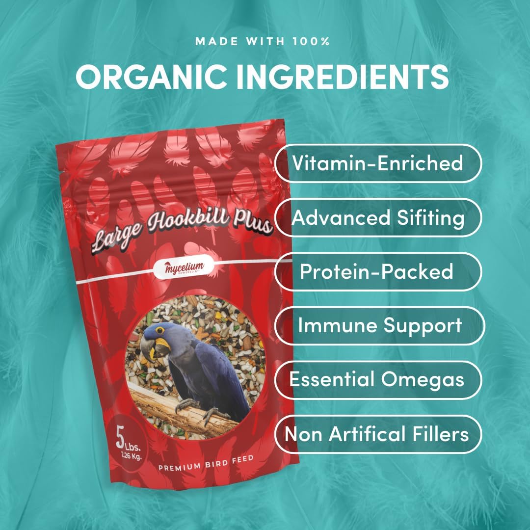 Mycelium Large Hookbil Plus | Clean & Safe Bird Food for Macaws, Cockatoos, Amazons | High in Protein & Fat | Seed Mix with Vitamins, Egg, Corn, Peanuts & Hemp Seed | Organic, Non-GMO 5 lb Bag