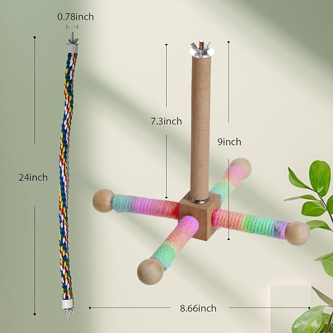 24 Inch Bird Perch Rope with 360° Free Rotating Stand, 0.8 Inch Diameter Natural Cotton Rope Perch for Parakeets, Cockatiels, Parrots, Conures - Safe, Durable Bird Cage Accessory for Chewing & Resting