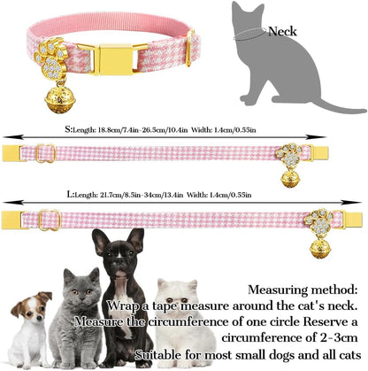 Personalized Breakaway Cat Collars - Magnetic Buckle, Bell - Safety Quick Release, Customized for Girls & Boys Cats- (Houndstooth-Pink)