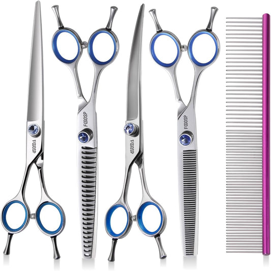 Left Handed Dog Grooming Scissors Kit 8 in Professional Curved Thinning Straight Shear 3pcs Set for Grooming Big Dogs Poodle Pet Japan 440C Stainless Steel(8.0'' Kit, 4Pcs)