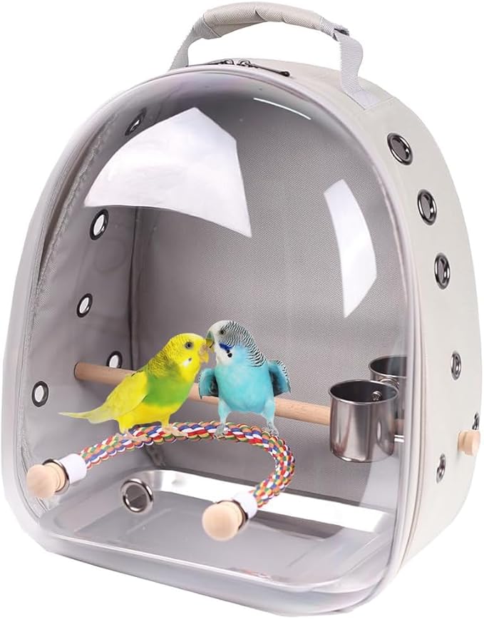 Bird Traval Carrier Cage, Multi Vent Holes Clear Space Capsule Astronaut Backpack to Carry Parakeet Cockatiel Parrot with Metal Tray Wood Perch, Vet Transport Book Bag