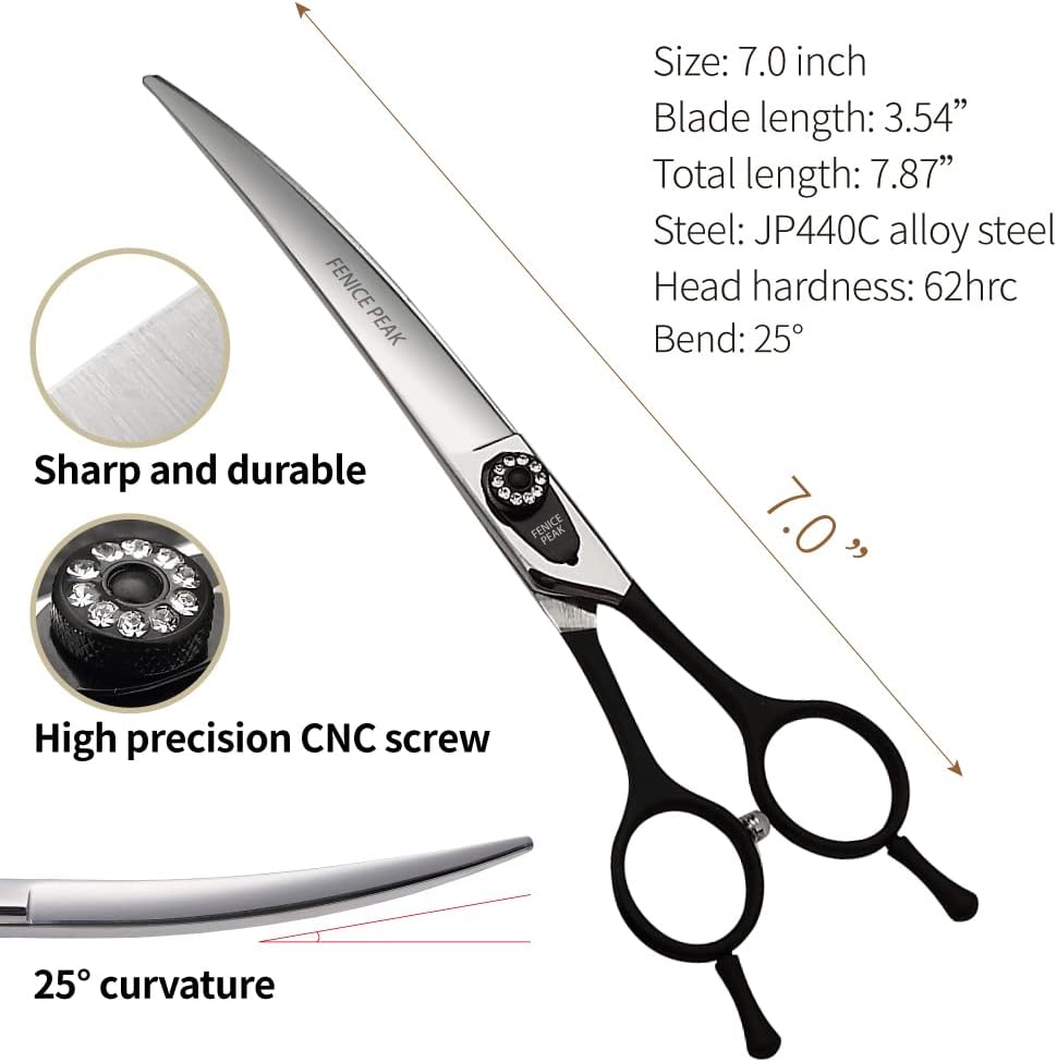FENICE PEAK Dog Grooming Curved Scissors for Pets, Japan 440C Stainless Steel, Sharp Blade, Suitable for Beauticians (7.0 Inch)