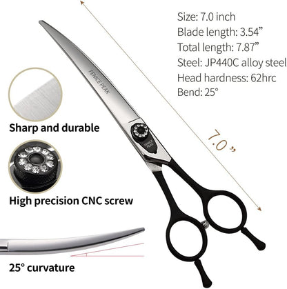 FENICE PEAK Dog Grooming Curved Scissors for Pets, Japan 440C Stainless Steel, Sharp Blade, Suitable for Beauticians (7.0 Inch)