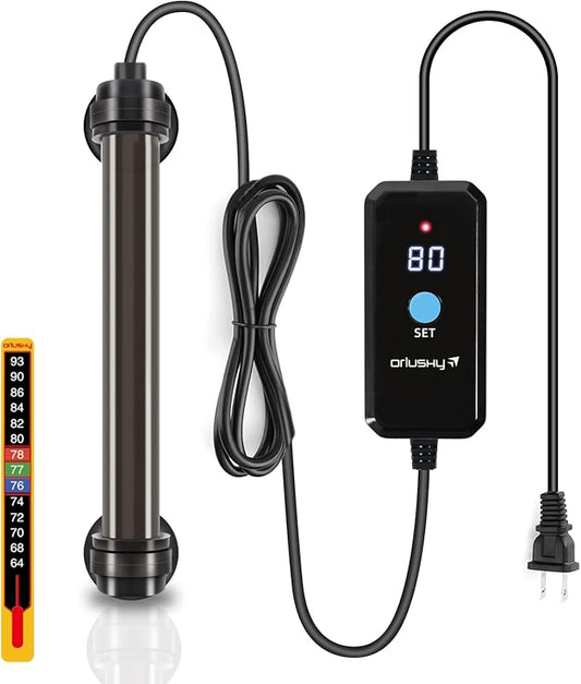 Orlushy 25W Submersible Mini Fish Tank Heater, Adjustable Aquarium Heater with Digital Display External Controller, Overheat Protection and Free Thermometer for 1-5 Gallon Freshwater & Saltwater Tank