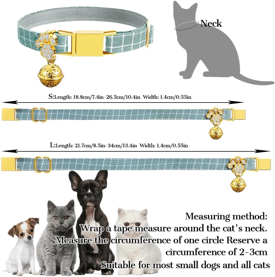 Personalized Breakaway Cat Collars - Magnetic Buckle, Bell - Safety Quick Release, Customized for Girls & Boys Cats- (Checkered-Cyan)