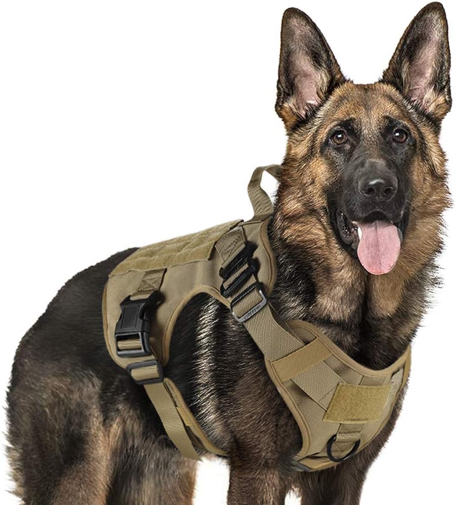 rabbitgoo Tactical Dog Harness Medium Sized, Heavy Duty Pet Harness with Handle, No-Pull Service Vest Medium Breed, Adjustable Military Dog Vest for Training Hunting Walking, Brown, M
