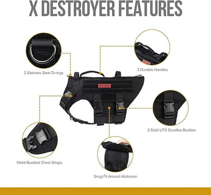 OneTigris Large Tactical Dog Harness, No Pulling Adjustable Dog Vest Harness, Heavy Duty Dog Harness with Handle, Large Hook and Loop Panels for Patch Black