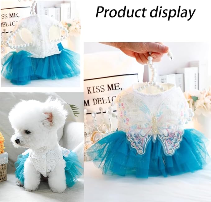 ANIAC Butterfly Dog Dress with Blue Tutu Funny Dog Clothes with Wing Girl Puppy Dress for Small Dogs Pet Butterfly Costume Holiday Cat Outfit for Halloween Birthday Wedding (Lake Blue, X-Large)