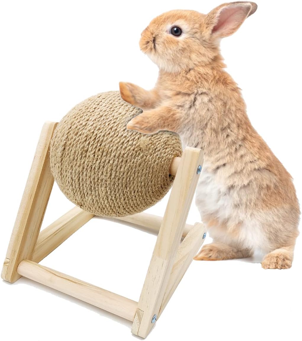 BNOSDM Rabbit Scratch Toy Wooden Natural Sisal Rope Rabbit Scratching Toy Ball Bunny Scratcher with Ball for Rabbits Bunnies Ferrets Kittens Small Animals (Small)