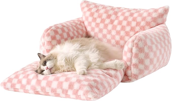 Hollypet Cat Bed Fluffy Plush Mutifuctional Double-Layer Soft Pet Couch Orthopedic Sofa Nest Beds for Small Cats and Dogs, Pink and White (25x20x13 inch)