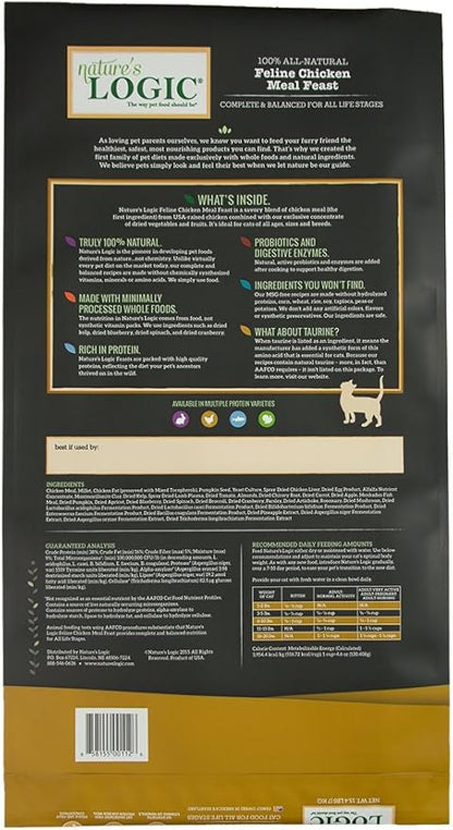 Nature's Logic Feline Chicken Meal Feast Cat Food - High-Protein Dry Food for Cats, 100% Natural Nutrition with Probiotics & Prebiotics - All Life Stages - Chicken, 15.4lbs