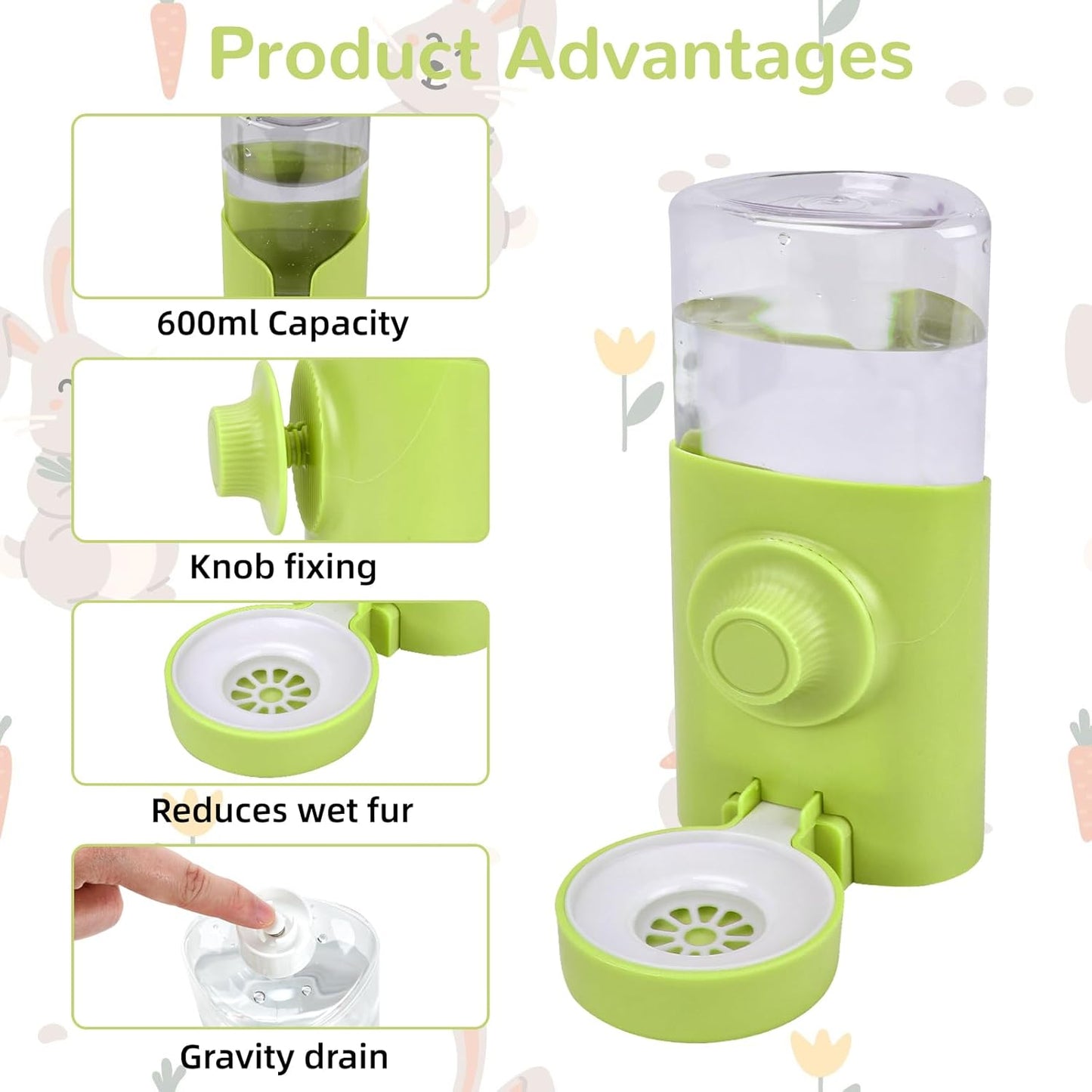 Rypet Hanging Rabbit Water Bottle Cage, 21oz Guinea Pig Water Bottle Dispenser, Automatic Small Pet Cage Water Feeder for Bunny Chinchilla Hamster Hedgehog Ferret Rat Gerbil Small Animal (Green)