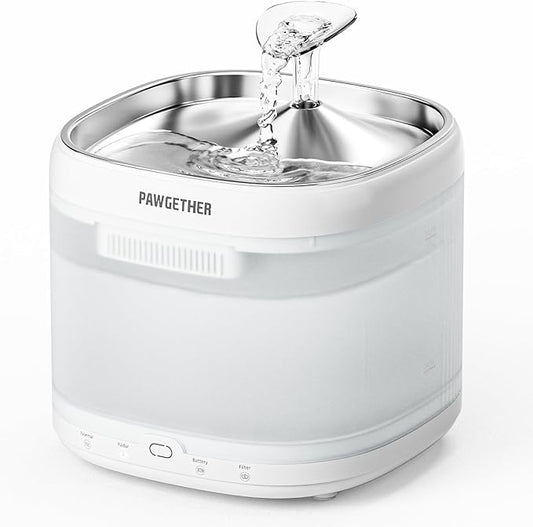 PAWGETHER® Cat Water Fountain, Ultra Quiet Pumpless Pet Water Fountain with Stainless Steel Tray, 67oz/2L Water Fountains for Cats Indoor with 360° Motion Sensor for Cats & Dogs (with Filter)