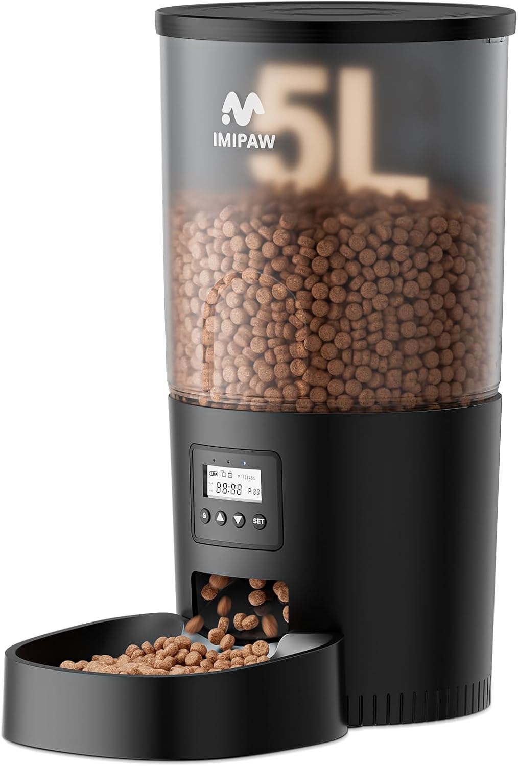 IMIPAW Automatic Cat Feeders, 5L Large Capacity, Timed Feeding Dry Food, Dual Power Design, Programmable Portion Size, 1-6 Meals Per Day, with Desiccant, Suitable for Small Pets Food Dispenser, Black